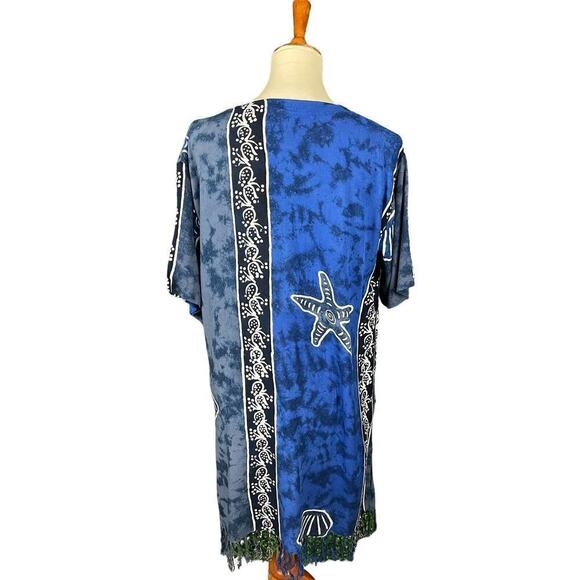 Rain Resort Wear Beach Cover-Up Size Medium Blue + Black with Fringe - Picture 7 of 10